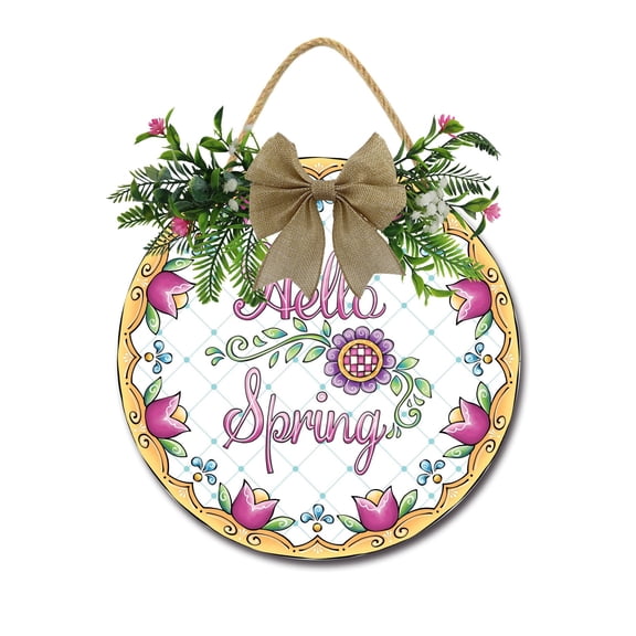 Eveokoki Hello Spring Sign Front Door Porch Decorations, Round Rustic Wood Hanging Sign for Farmhouse Porch Outdoor Home Holiday Front Door Sign Decor