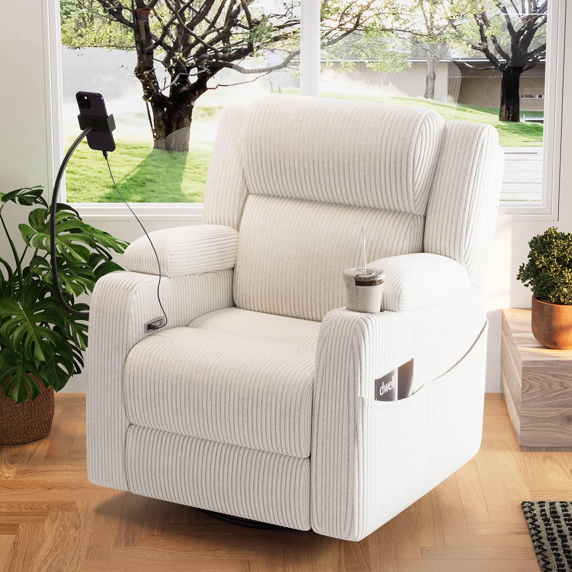 Leumius Recliner Chair with Heat and Massage,270° Swivel Rocker Recliner with Phone Holder & USB Ports,Single Rocker Sofa Nursery Glider with Hidden Storage, Side Pockets, Cup Holder,Beige