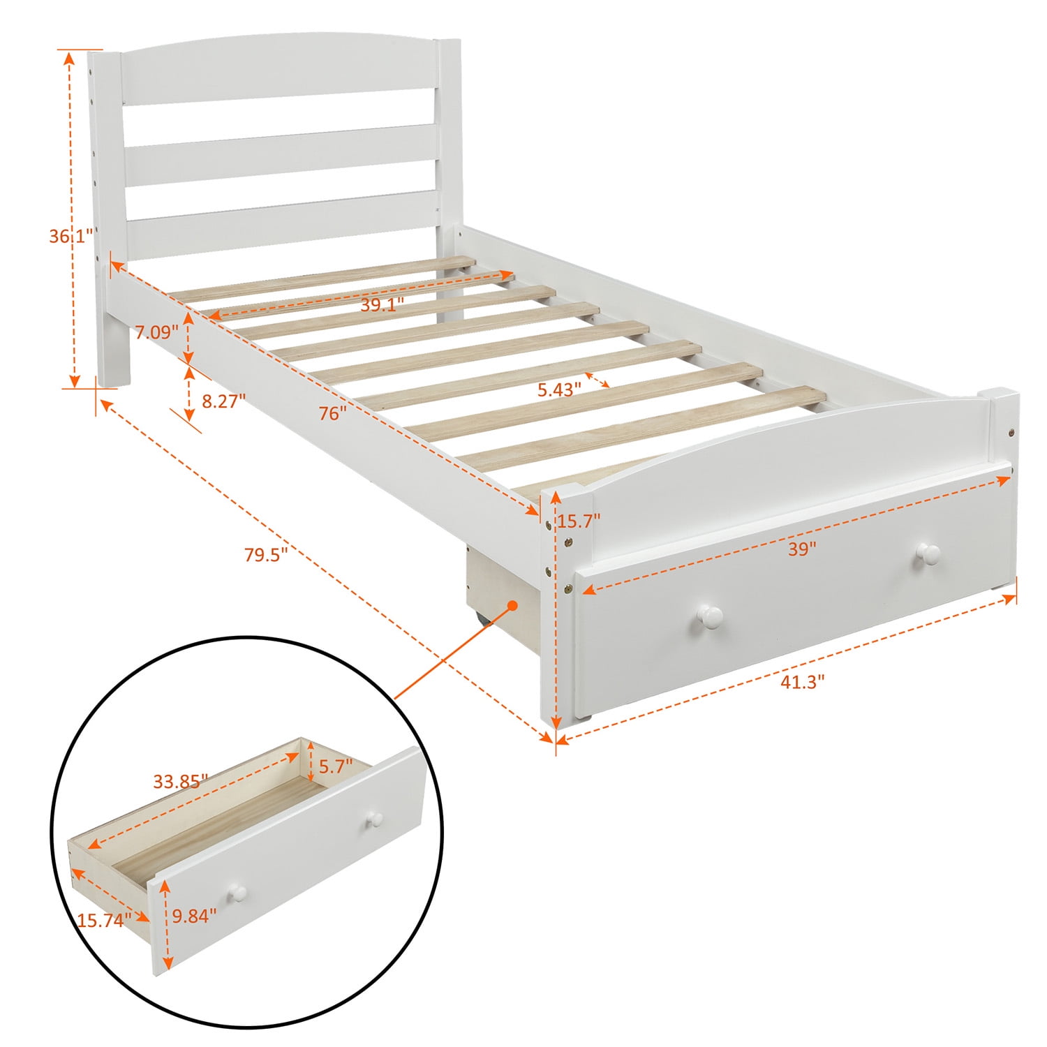 Hommoo Twin Size Platform Bed Frame with Storage Drawer, Platform Twin Bed Frame with Wood Headboard, White