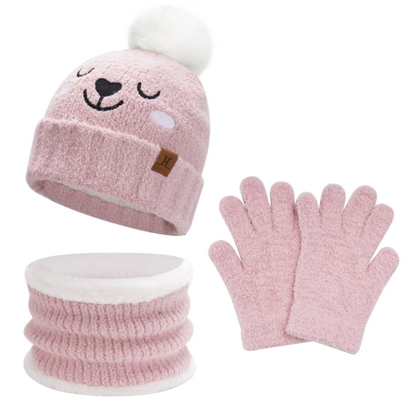 FZ FANTASTIC ZONE Kids Toddler Winter Beanie Hats Scarfs Touchscreen Gloves Set Pompom Caps Neck Warmer with Fleece Gifts for 5-8 Years Old Baby Girls Boys, Pink