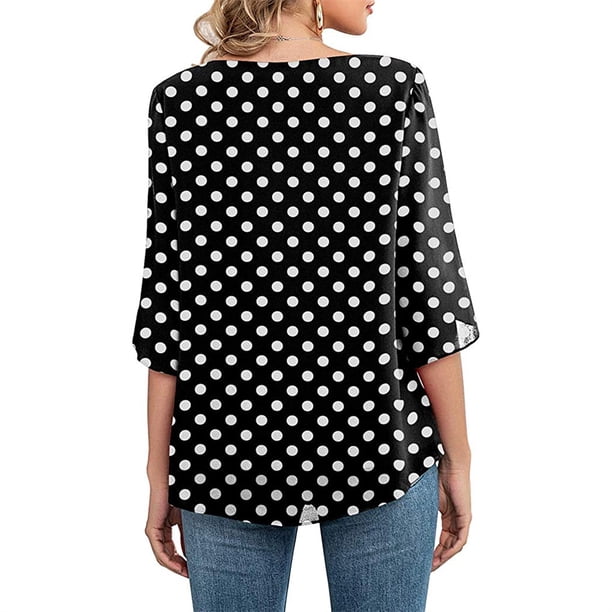 Qarigey Camisa de mujer Estampado de media manga Top Camisa de mujer Estampado de medio cuello Blusa informal Prendas para la parte del cuerpo puntos blancos negros L Qarigey AP003117-03