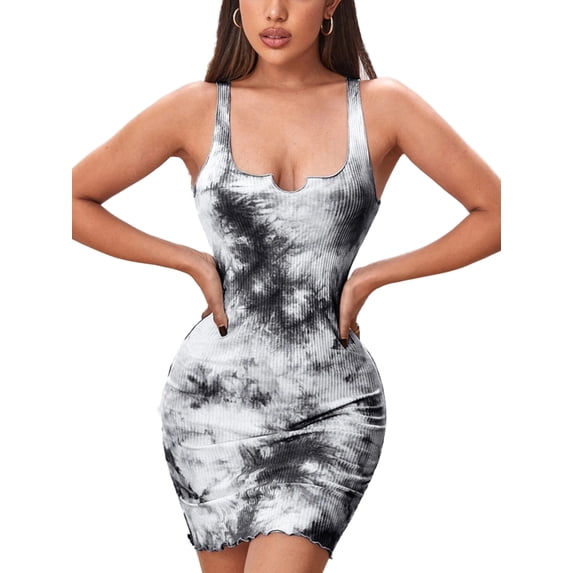 Coduop Women's Tie Dye Sleeveless Tank Dress Notched Neck Short Bodycon Dress