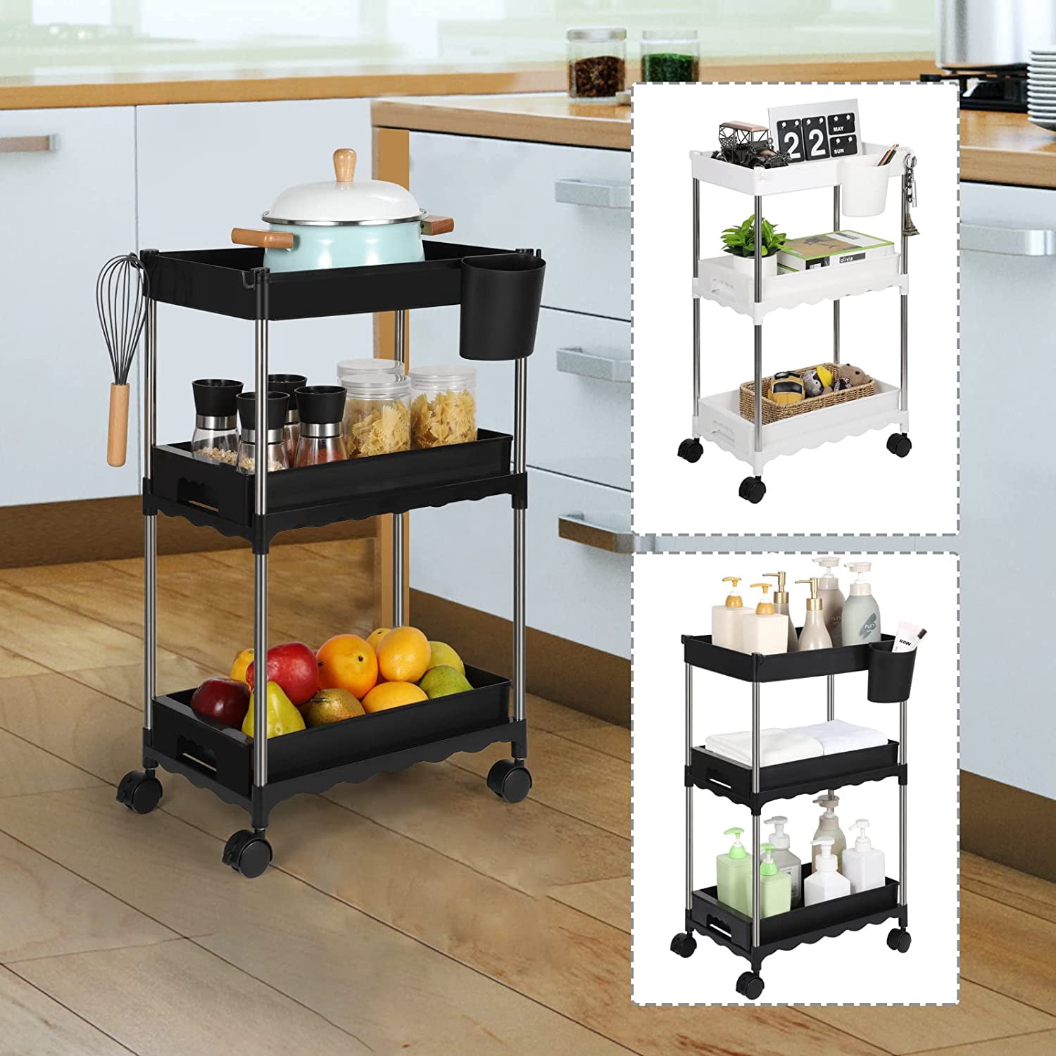 3 Tier Utility Rolling Cart with Sliding Storage Drawer, with Hanging Cup and 4 Hooks, Black