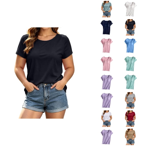 Womens Short Sleeve Tops Built in Bra Summer Basic T Shirts Crew Neck Fitted T-Shirt Tee