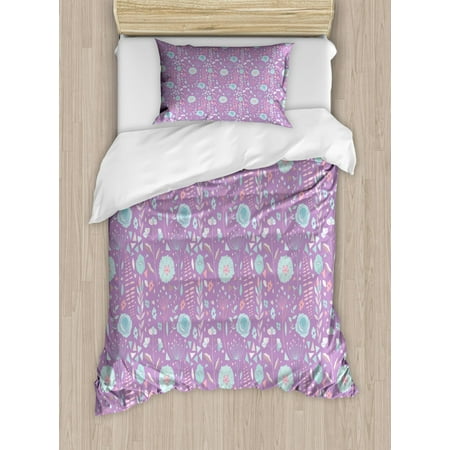 Botanical Duvet Cover Set Twin Size Doodle Flowers Foliage Retro