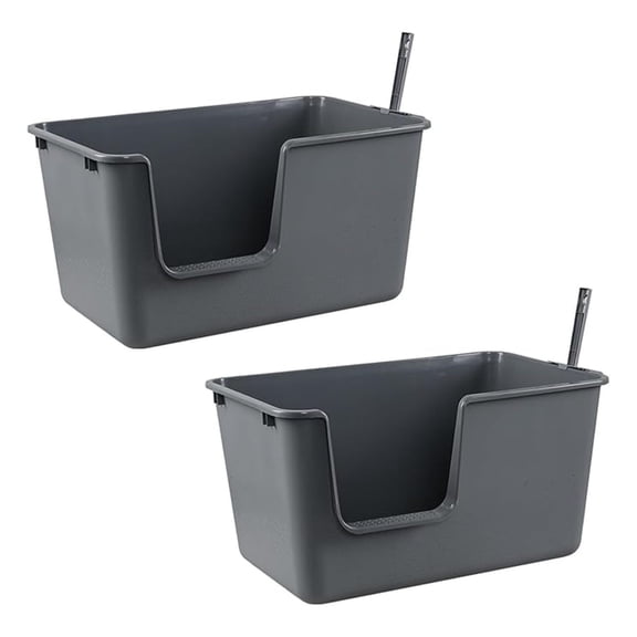 2-Pack Plastic High Sides Cat Litter Box with , Open Litter Box Basin, Grey
