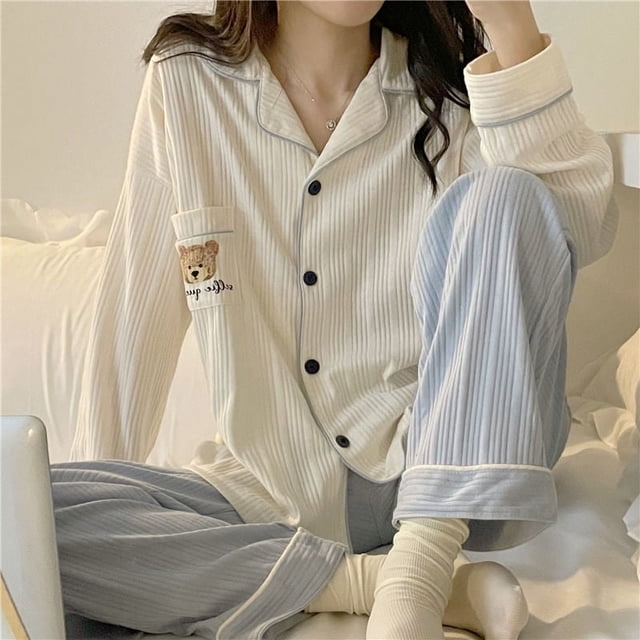 Pijama de mujer otoño e invierno cárdigan ins dulce simple estudiante oso lindo dibujos animados primavera ropa de casa traje