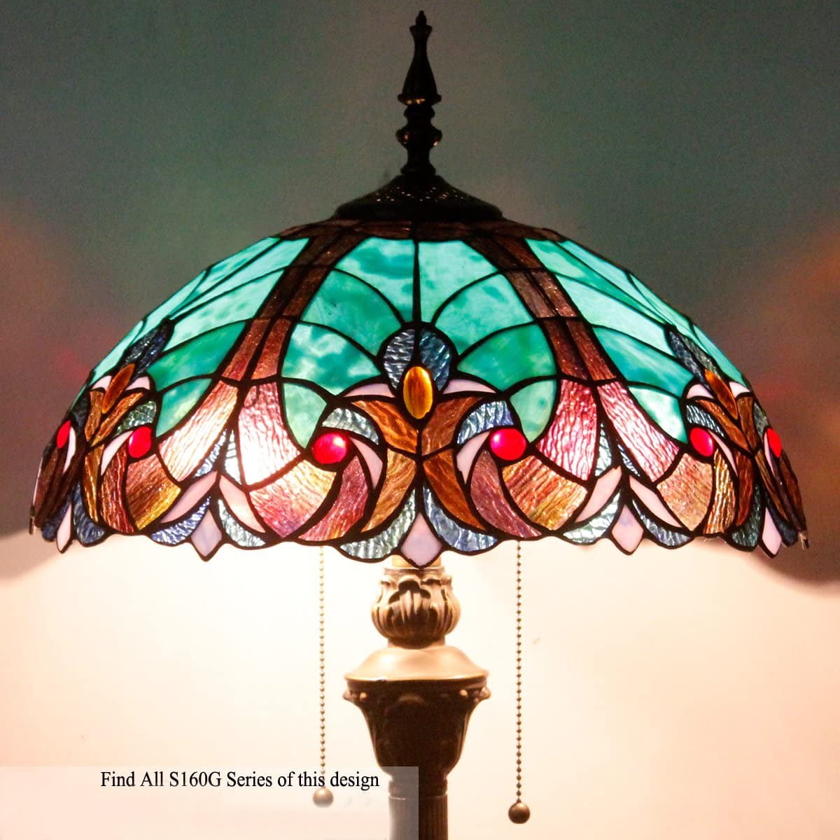 Tiffany Floor Lamp W16H64 Inch Green Stained Glass Liaison Style Shade 2E26 Antique Standing Reading Lighting Base S160G LAMPS Bedroom Coffee Table Living Room Bookcase Dresser Lover Gifts
