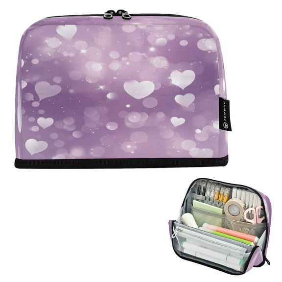 Standing Pencil Case with Base Large Capacity Stationery Pouch Pen Bag with Zipper for Women Men White Hearts and Bokeh Lights