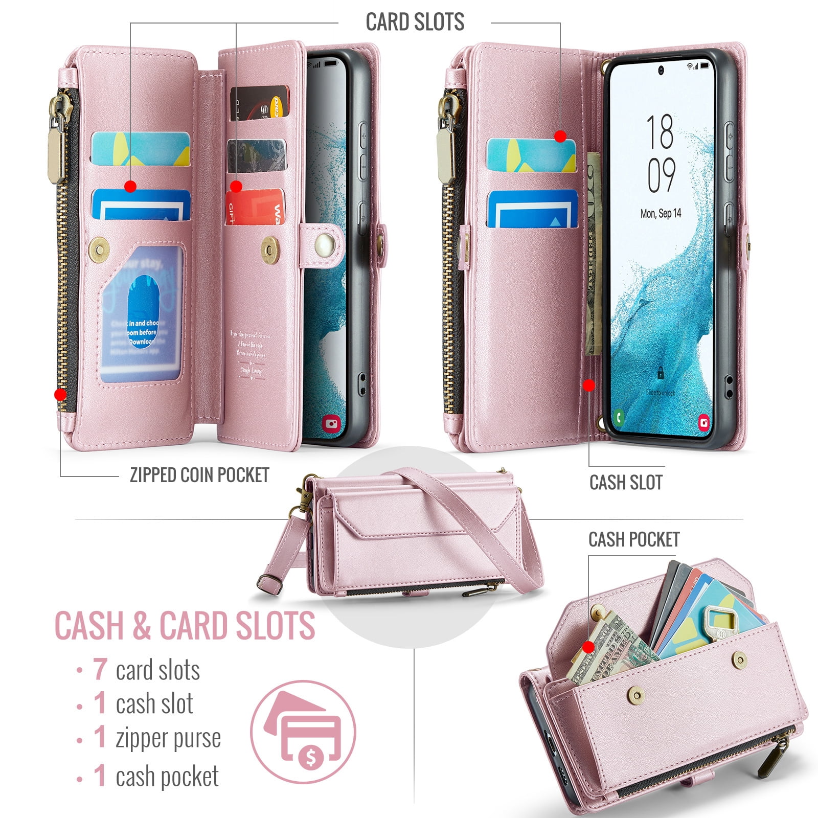 Asuwish Compatible with Samsung Galaxy S22 5G Zipper Wallet Phone Case Tempered Glass Screen Protector Crossbody Lanyard Strap Flip Card Holder Slot Cell Cover for S 22 22S 4G G5 6.1 Women Rose Gold
