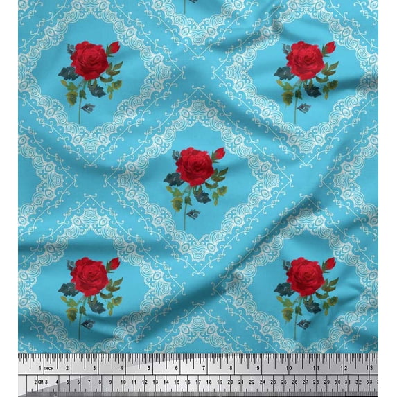Soimoi Polyester Crepe Fabric Check,Leaves & Rose Floral Fabric Prints by Yard 42 Inch Wide