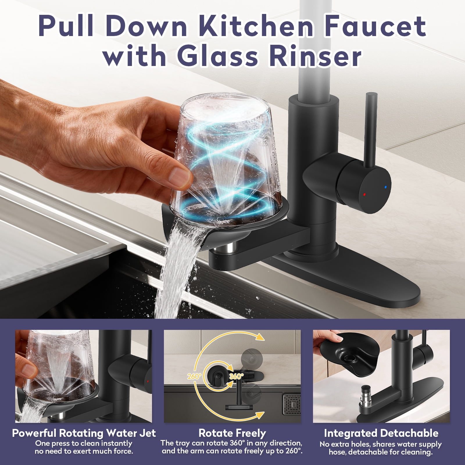 KAIYING Pull Down Kitchen Faucet with Integrated Glass Rinser and Waterfall Mode, Mate Black