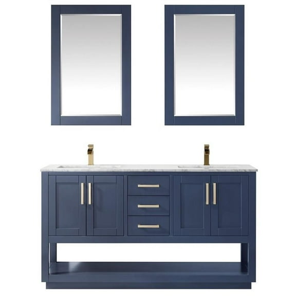 Remi 60" Carrara White Marble Countertop Double Vanity w/Mirror Royal Blue