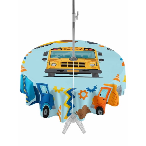 Outdoor Tablecloth with Umbrella Hole for Patio/Picnic/Party/Camping, Blue Yellow Cartoon Truck Waterproof Table Cloth Round Cover Washable, Cute Engineering Vehicle (Dia 60")