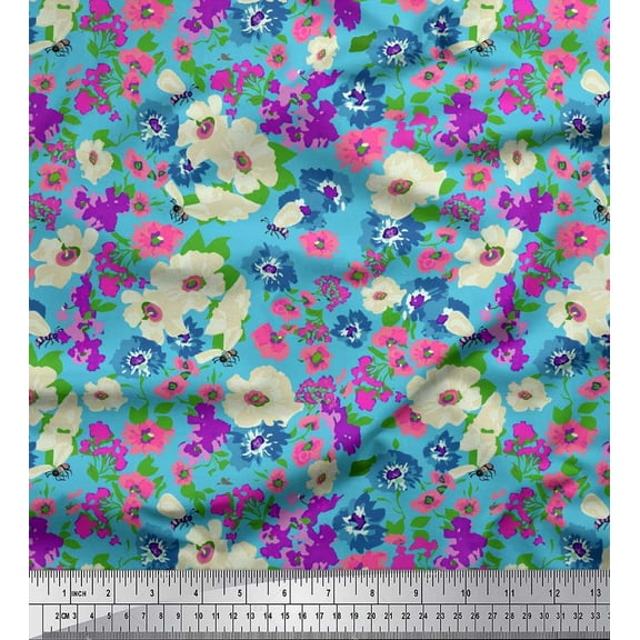 Soimoi Blue Cotton Duck Fabric Leaves,Bee & Floral Artistic Fabric Prints By Yard 42 Inch Wide