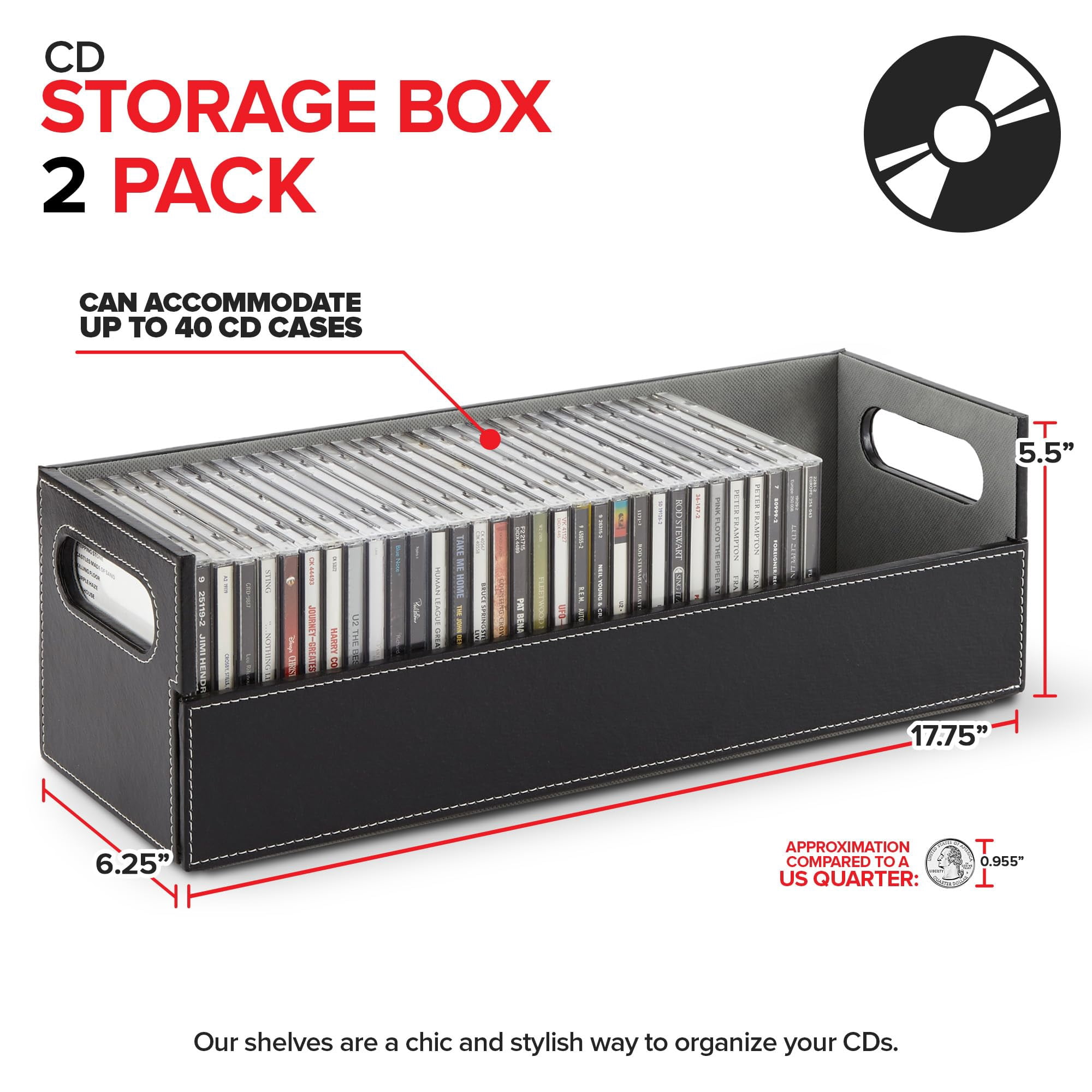 Stock Your Home 2- Pack CD Storage Box, Organizer Shelf for Movie Cases, DVDs, Cassette Tape Display Stand, Disc Holder Can Store Up to 40 CDs, Faux Leather (Black with Gray Interior)