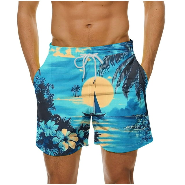 Men's Shorts Casual Hawaiian Print Swim Shorts, Quick-Dry Polyester with Mesh Lining for Beach & Pool