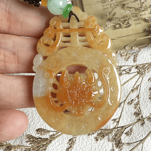 Certified Green Yellow Natural A Jade jadeite Necklace Pendant Dragon 101930