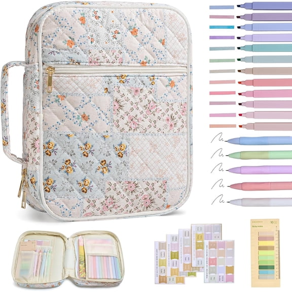 Quilted Bible Book Tote, Large Capacity Lightweight Clutch Bag with Multiple Pockets, Durable Washable Cover for Church, Travel, Study & Gift Giving,Patchwork flower
