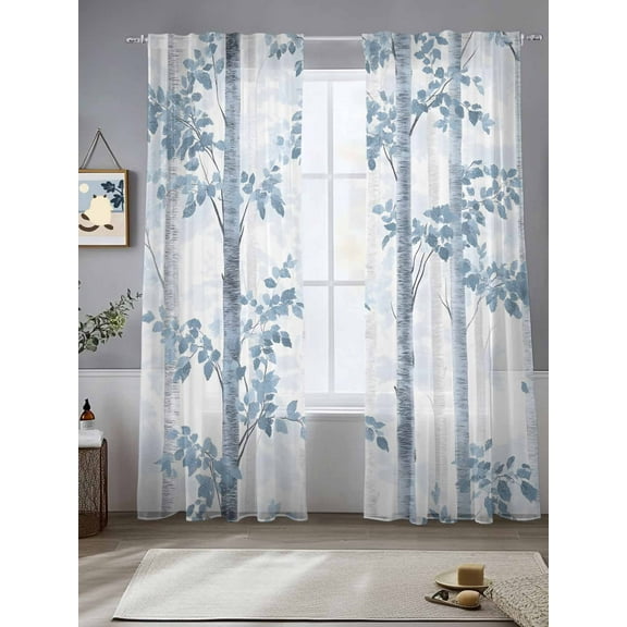 Blue Gray Forest Sheer Curtains for Living Room Bedroom Watercolor Tree Blue Leaves Sheer Curtains 96 Inch Long 2 Panels Set Light Filtering Curtain Window Treatments Drapes for Dining Room