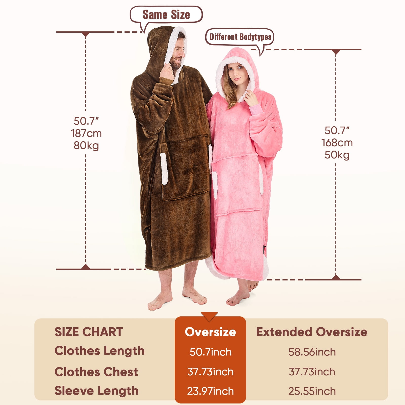 PMONPA Wearable Blanket Hoodie, Flannel Sherpa Fleece, Warm and Cozy Giant Sweatshirt for Adult, Woman and Man, One Size Fits All (Brown)