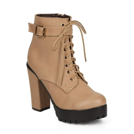 

DbDk DA19 Women Leatherette Chunky Heel Zip Lace Up Combat Boot