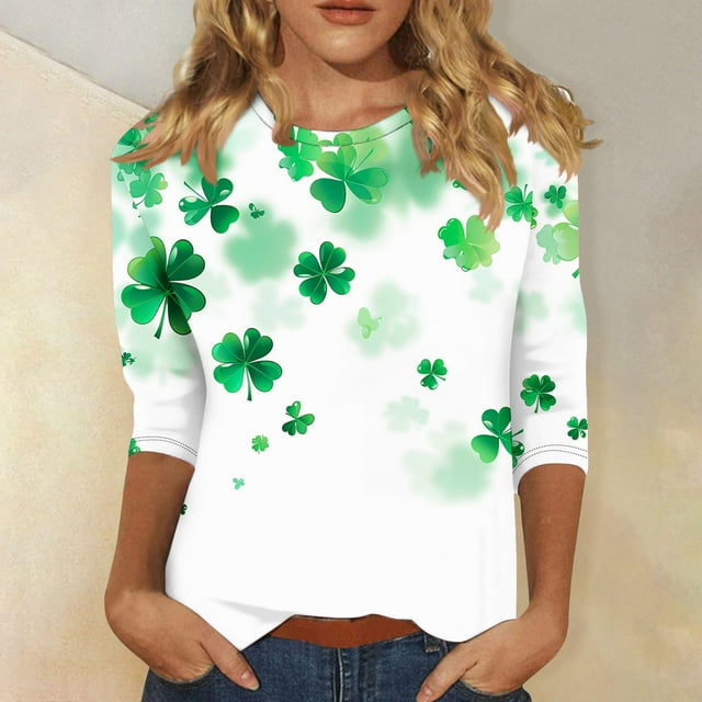 Meichang Chemises pour Femmes Joyeux St Patricks Day Hauts Trèfle à Quatre Feuilles T-Shirts Graphiques Manches 3/4 Col Rond Pull Ample Décontracté Tops de Vacances