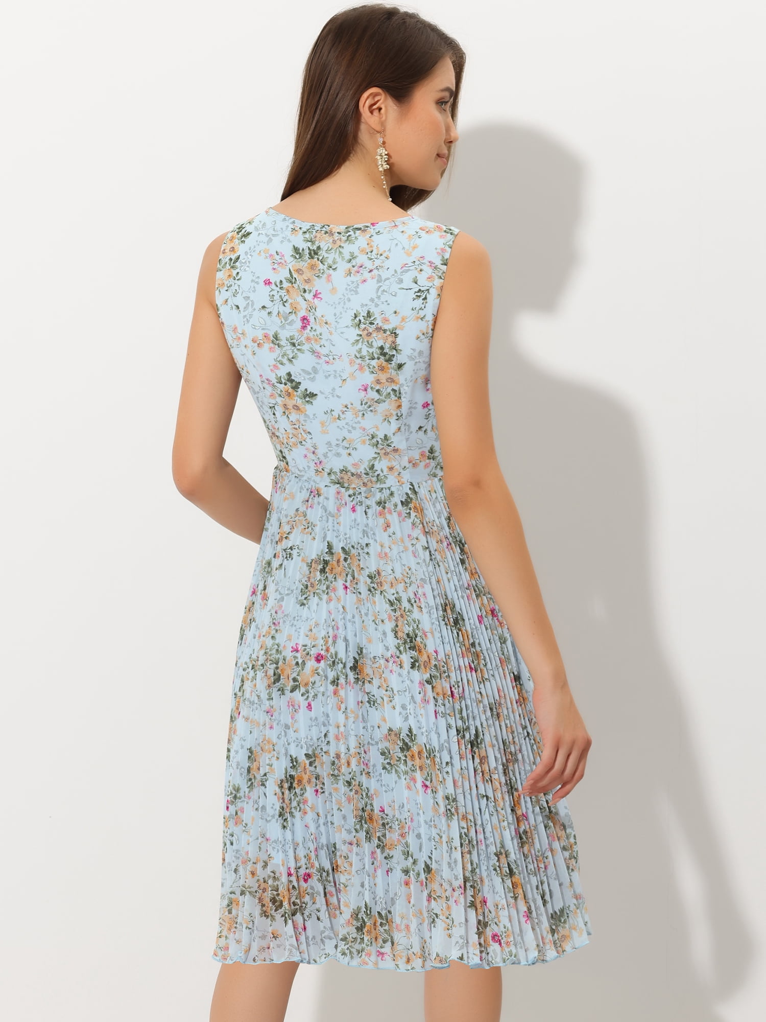 DARING DIVA Floral Print A-Line Knee Length Sleeveless Pleated Dress L Blue