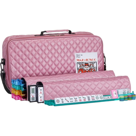 American Mahjong Set Purple Pink - Quilted PU Leather Carrying Bag with Shoulder Strap & Handles, All-in-One Tile Racks with Pushers, 166 Engraved Tiles, Dice, Bettor, Extra Tiles & Instructions
