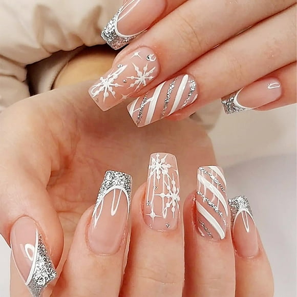 Christmas Press on Nails Medium Fake Nails Coffin Acrylic French with Nude Glitter White Snowflake Curve Glue on Nails Designs Winter Artificial Glossy Nails Stick on Nails for Women and Girls 24 Pcs