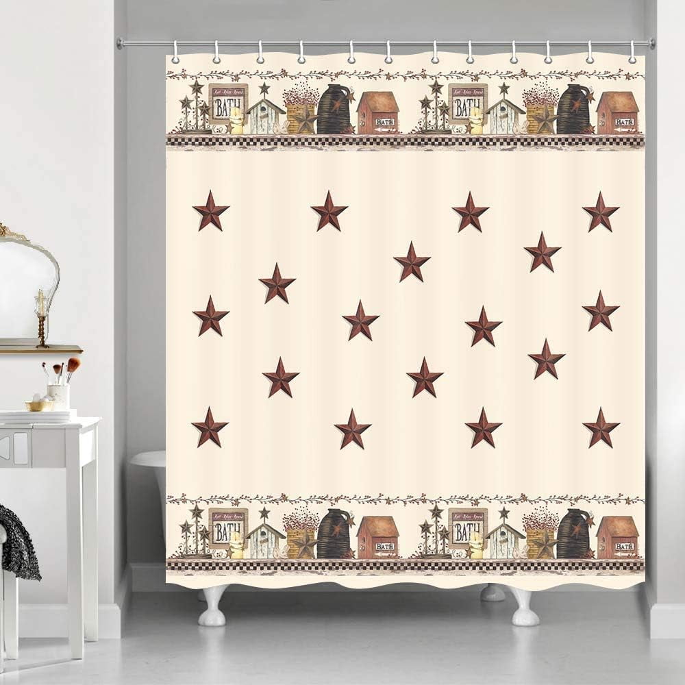 Sonernt Farmhouse Shower Curtain 60x72inch, Brown Barn Star Western