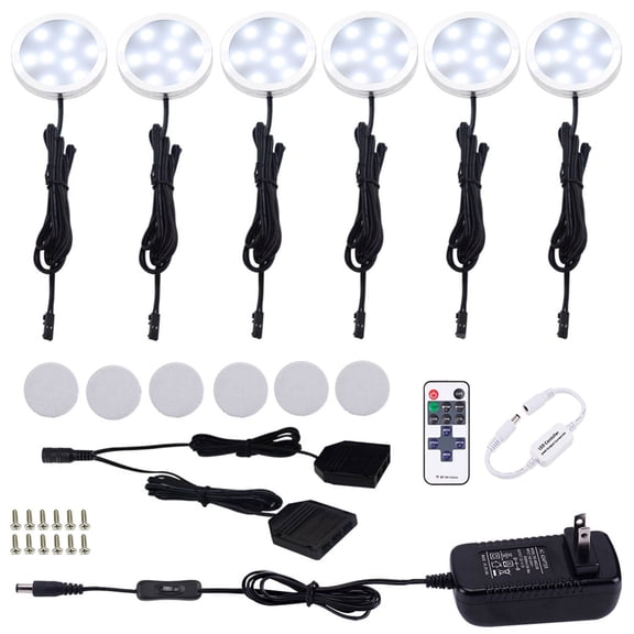 LED Under Cabinet Puck Lights Kit - 6 Pack Dimmable 12W Aluminum Lights with Black Cord and Wireless RF Remote Control (6000K Daylight White) for Kitchen Counter and Closet Lighting