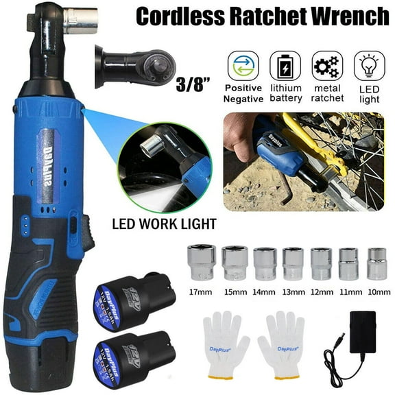 Dayplus Electric Cordless Ratchet 3/8" Right Angle Wrench Impact Power Tool 2 Batteries