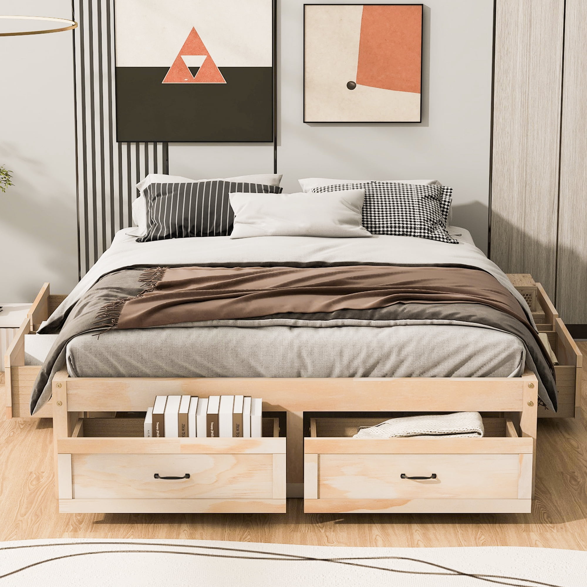 Euroco Wood Queen Size Platform Bed with 6 Drawers for Kids Teens Adults, Antique Natural