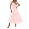 thumbnail image 1 of Vestido de verano PRETTYGARDEN, cuello cuadrado, volantes, a cuadros, midi, rosa, 1 of 9