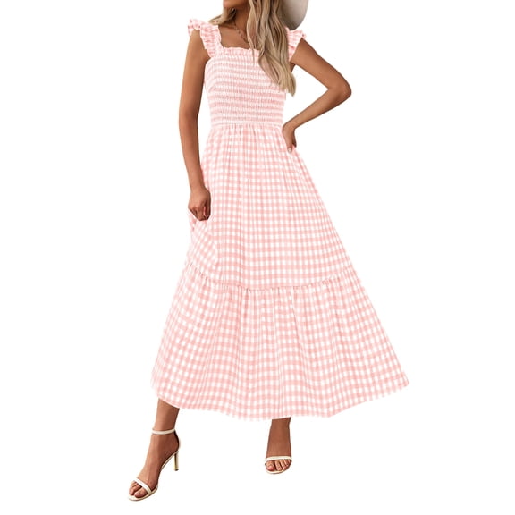 Vestido de verano PRETTYGARDEN, cuello cuadrado, volantes, a cuadros, midi, rosa