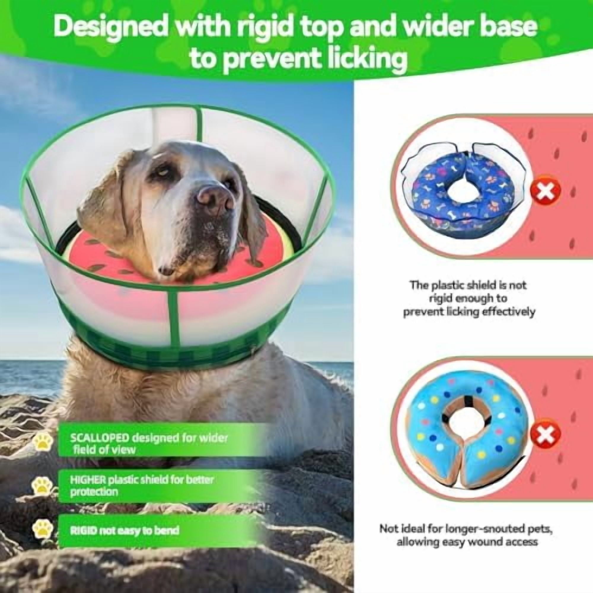 Upgraded Inflatable Dog Cone Collar with Transparent Anti-Licking Shield, Adjustable Elizabethan Collar for Medium Large Dogs, 2-in-1 Design with Detachable Shield and Soft Padding (M, Watermelon)