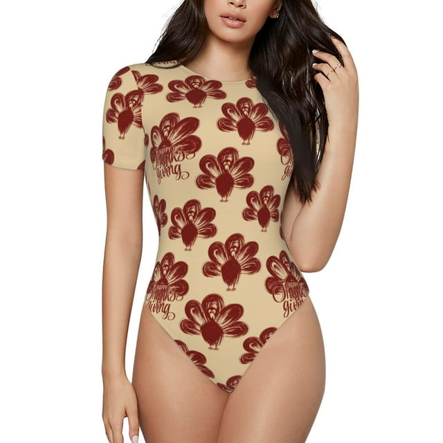 Saiise Pyjama à Motif de Dinde Croquis de l'Action de Grâce pour Femmes, Manches Courtes, Col Rond, Justaucorps Extensible avec Fermeture à Pression-Petit