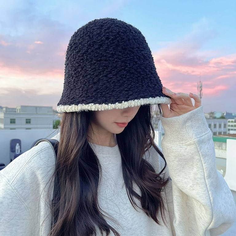 Hesroicy Color Matching Short Brim High Dome Thickened Bucket Hat Women  Winter Warm Double-sided Faux Lambswool Fisherman Hat