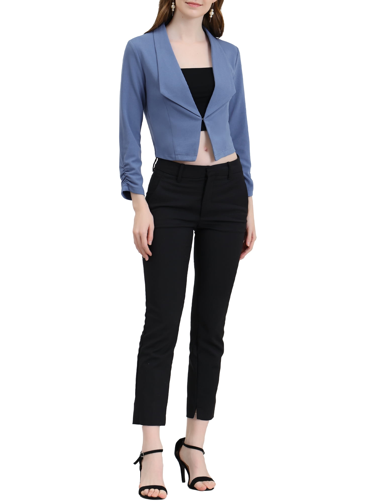 DARING DIVA Women's Notched Lapel Ruched Sleeve Crop Blazer S Blue Grey