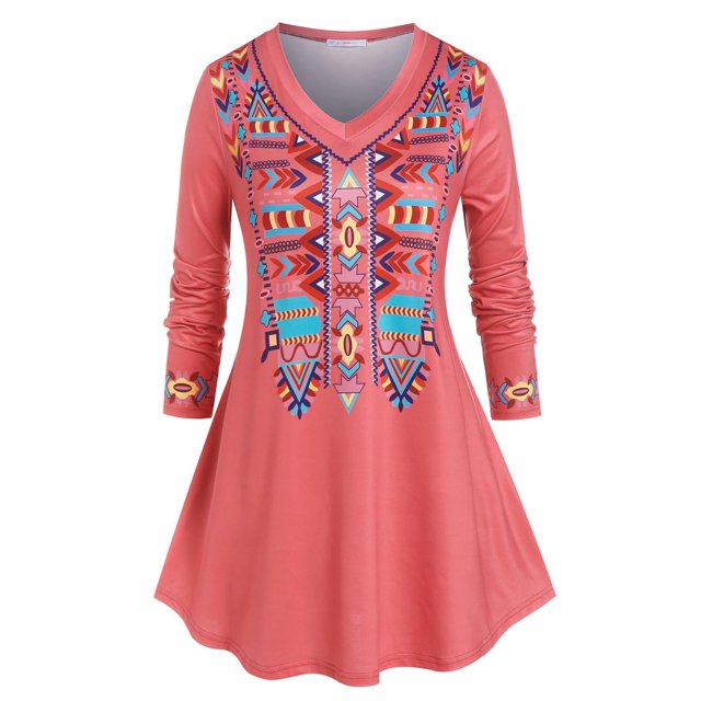 Talla grande en V cuello geométrico impreso de tee Rosegal Mangas largas de talla grande