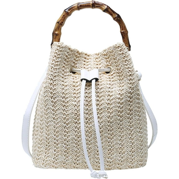 Straw Purse for Women, Summer Straw Bucket Bag Trendy Hobo Bag Straw Shoulder Crossbody Handbags with Bamboo Handle