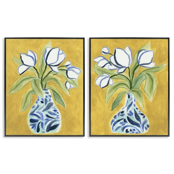 Stupell Industries Tulip Vases on Yellow Floral Painting Black Framed Art Print Wall Art, 11 x 14, Set of 2
