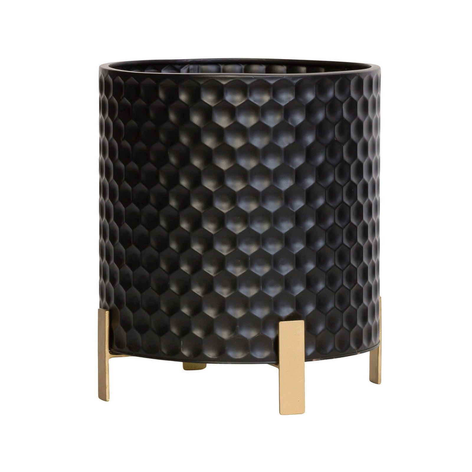 Honeycomb Metal Planter Pot With 4-Leg Gold Metal Base - Black - 14"H x 13"W