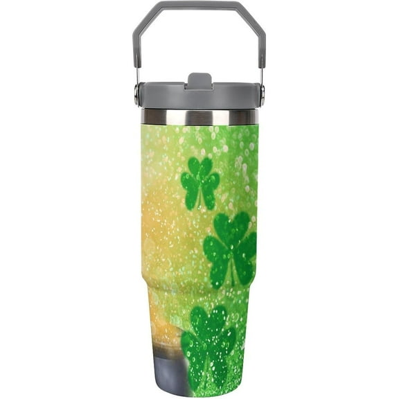 Large Capacity Car Cup 30 Oz Abstract Glitter Lucky Shamrock Stainless Steel Flip Straw Travel Tumbler Coffee Mug St Patrick’s Day Insulated Water Bottle Tumbler with Lid And Straw LeakProof