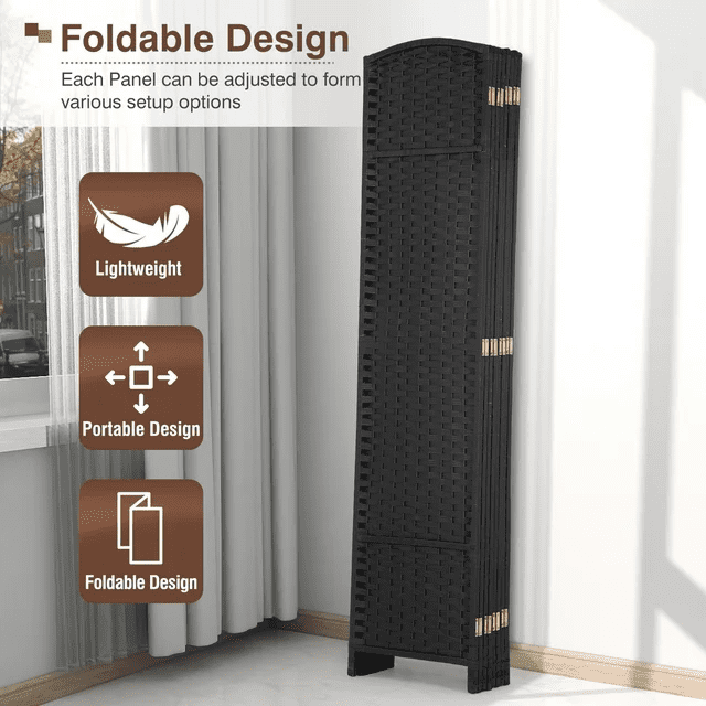 CL.HPAHKL 8 Panel Room Divider 5.57 ft Tall, Folding Privacy Screen with Hand-Woven Design & Solid Wood Frame, Freestanding Room Partition Panel for Home, Office, Black