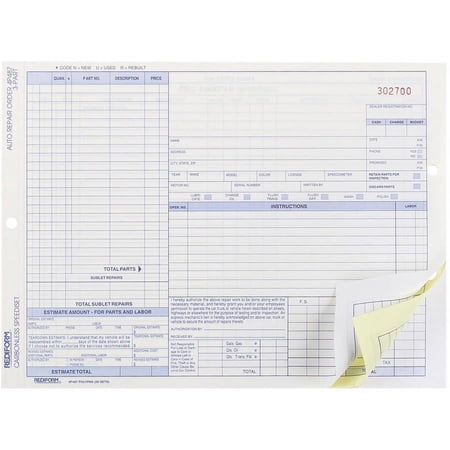 Rediform 3-part Auto Repair Order Forms - 3 PartCarbonless Copy - 11" x 8.50" Sheet Size - Assorted Sheet(s) - Blue Print Color - 50 / Pack | Bundle of 2 Packs