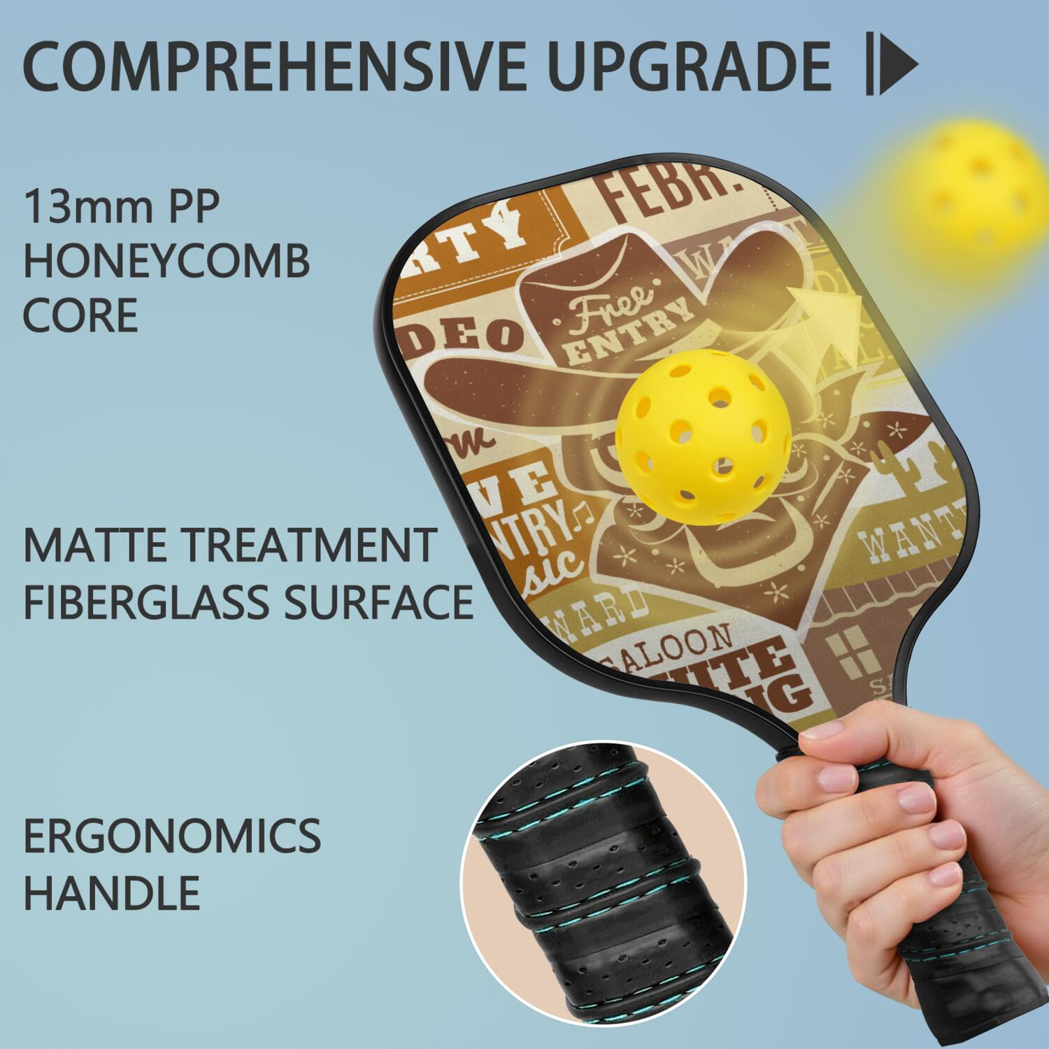 Pickleball Paddles Set Of 1, Fiberglass Surface, West & Cowboy Print, 1 Paddle, 2 Balls & Bag