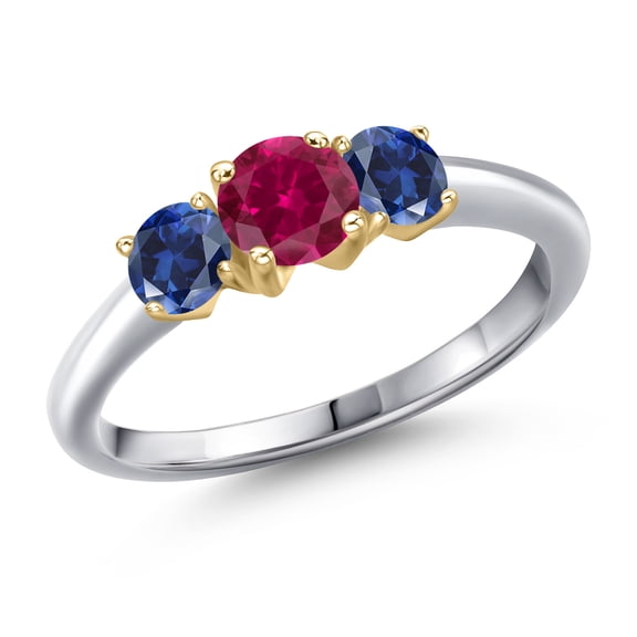 Gem Stone King 925 Silver and 10K Yellow Gold Red Created Ruby and Blue Created Sapphire Engagement Ring for Women | 1.10 Cttw | Round 5MM | Gemstone July Birthstone | Size 7