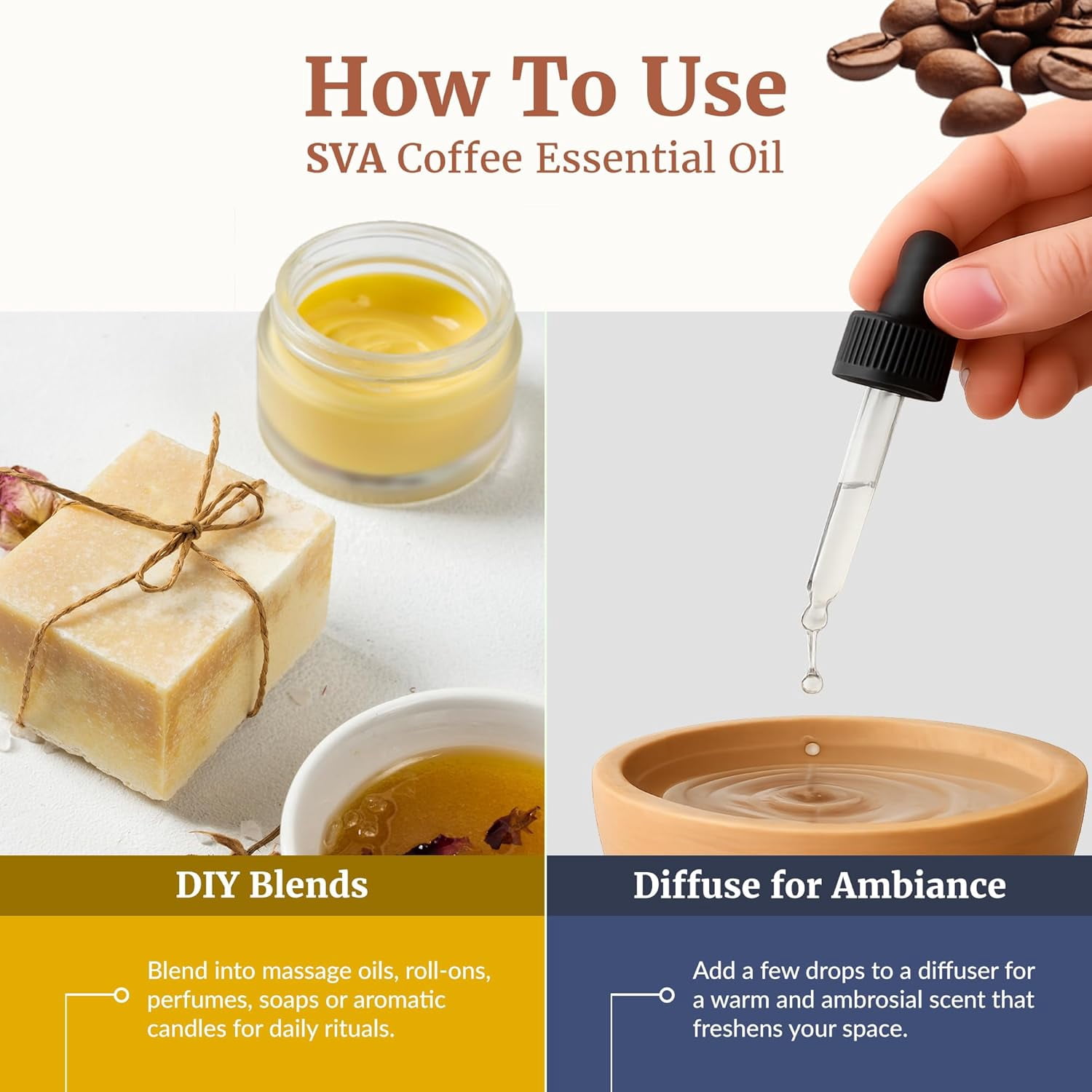 SVA Coffee Essential Oil – 1 Fl Oz – 100% Natural Coffee Oil - for Diffuser, Hair Care, Face, Skin Care, Aromatherapy, Scalp and Body Massage, Soap and Candle Making - with Dropper